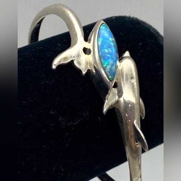 Native American Ted Ott Vintage Sterling Silver Opal Dolphin Cuff - Picture 4 of 12